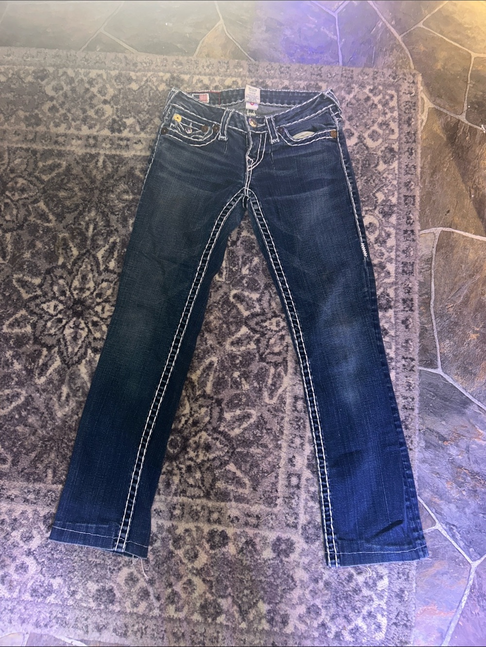 True Religion Dark Indigo Skinny Jeans with White Stitching